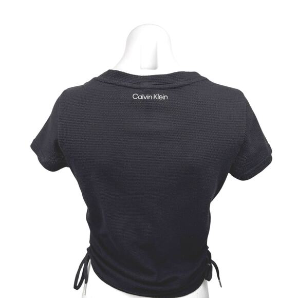 Calvin Klein Performance Black Short Sleeve V-Neck Ruched Tee T-shirt Top Sz XS - Picture 2 of 3